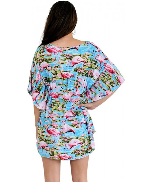 Cover-Ups Ladies Short Kaftan Flamingo Beach Cover-Up- OS - Blue - CZ188ZLUQ0O