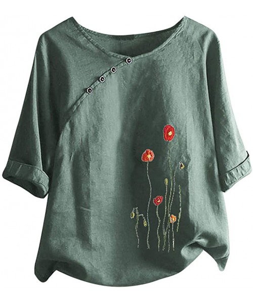 Bottoms Floral Print Shirt Womens Summer Fashion Bohemian Short Sleeve Linen O Neck Plus Size Loose Tank Tops Army Green a - ...