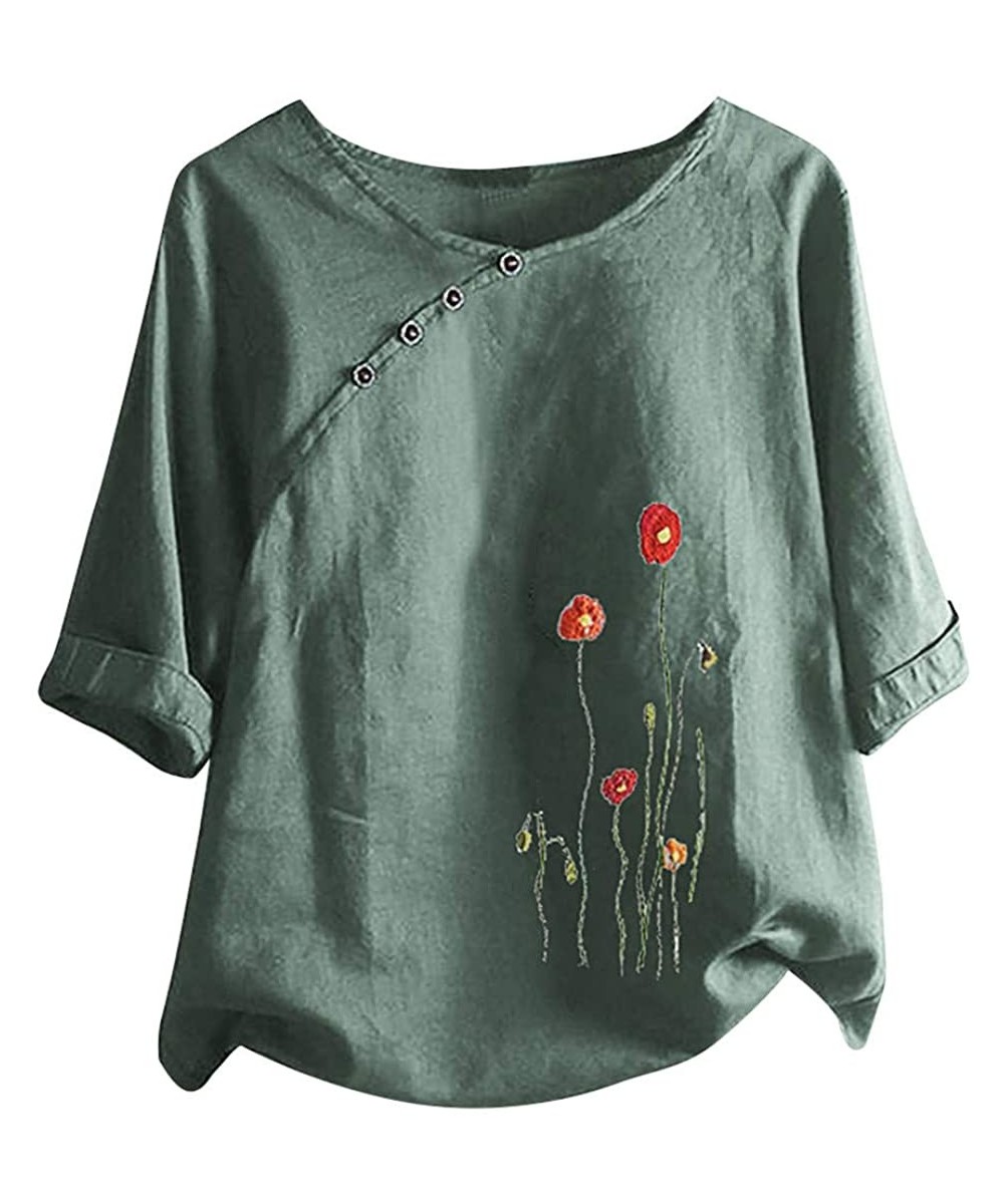 Bottoms Floral Print Shirt Womens Summer Fashion Bohemian Short Sleeve Linen O Neck Plus Size Loose Tank Tops Army Green a - ...