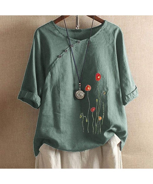 Bottoms Floral Print Shirt Womens Summer Fashion Bohemian Short Sleeve Linen O Neck Plus Size Loose Tank Tops Army Green a - ...