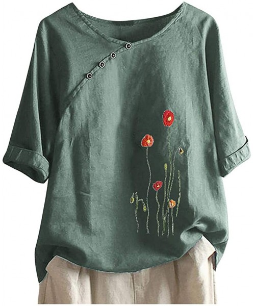 Bottoms Floral Print Shirt Womens Summer Fashion Bohemian Short Sleeve Linen O Neck Plus Size Loose Tank Tops Army Green a - ...