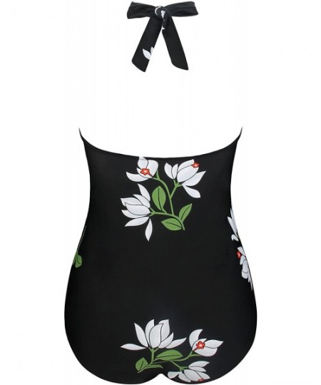 One-Pieces Vintage Halter Swimsuit Monokini One Piece Swimwear Bathing Suits - A-white Floral - CW18LOA9YQC