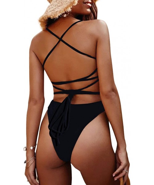 One-Pieces Women Lace Up One Piece Swimsuit Open Back Swimwear Bandage High Cut Monokini Bathing Suit - Black - C018RW8OQ3M