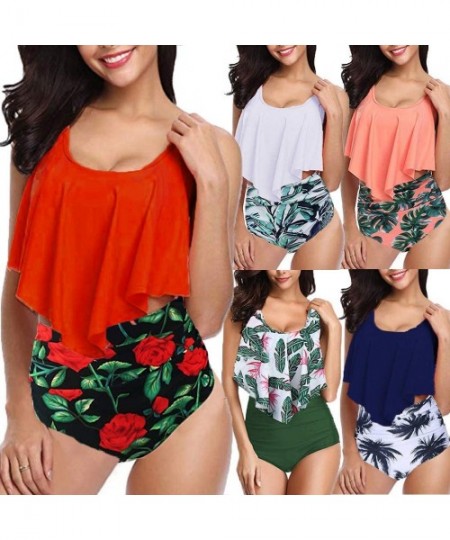 Sets Floral Printed High Waisted Bikini Set Womens Tummy Control 2PC Bathing Suit Ruffle Swimsuit Flounce Peplum Swimwear - W...