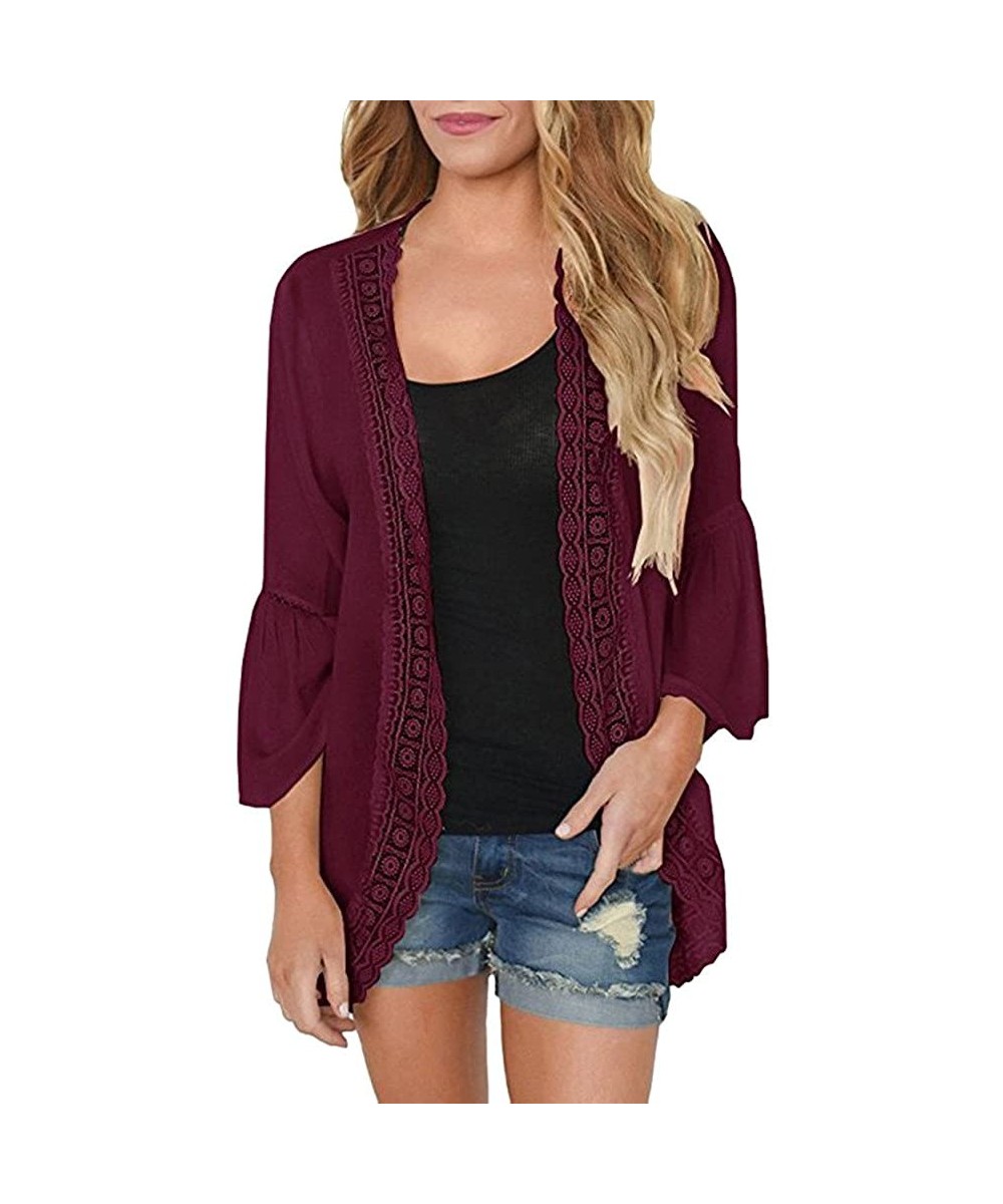 Cover-Ups Kimono for Womens- Fashion Cover Blouse Tops Print Beach Smock Cardigans - 1171wine - CY18WEOA7UG