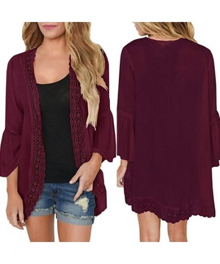 Cover-Ups Kimono for Womens- Fashion Cover Blouse Tops Print Beach Smock Cardigans - 1171wine - CY18WEOA7UG