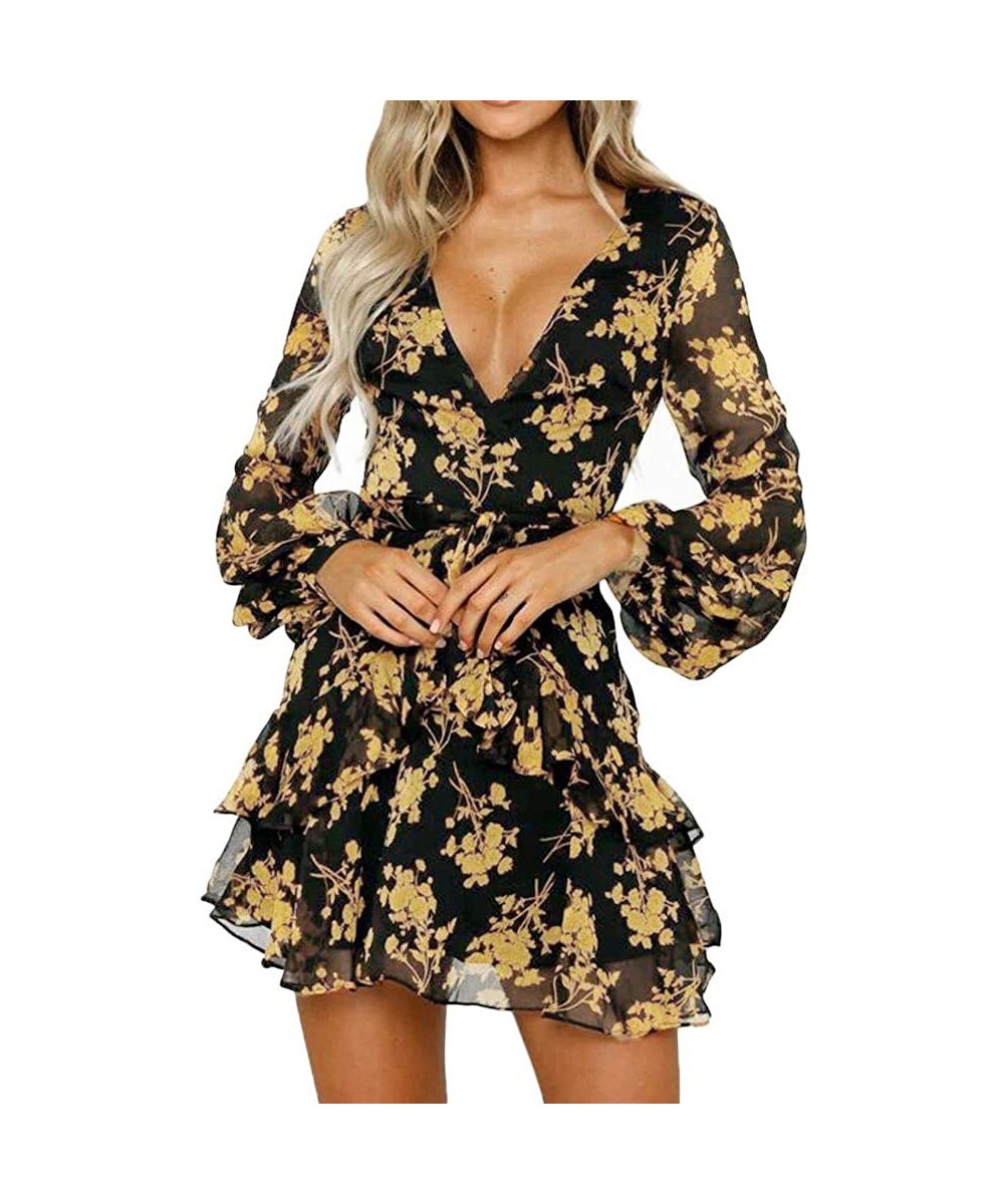 Cover-Ups Women's Summer Short Sleeve V Neck Floral Party Pockets Dress Summer Sundress Knee Length A line Dress Z3 yellow - ...