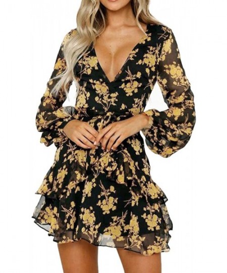 Cover-Ups Women's Summer Short Sleeve V Neck Floral Party Pockets Dress Summer Sundress Knee Length A line Dress Z3 yellow - ...