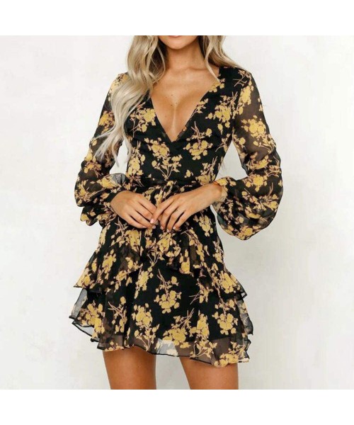 Cover-Ups Women's Summer Short Sleeve V Neck Floral Party Pockets Dress Summer Sundress Knee Length A line Dress Z3 yellow - ...