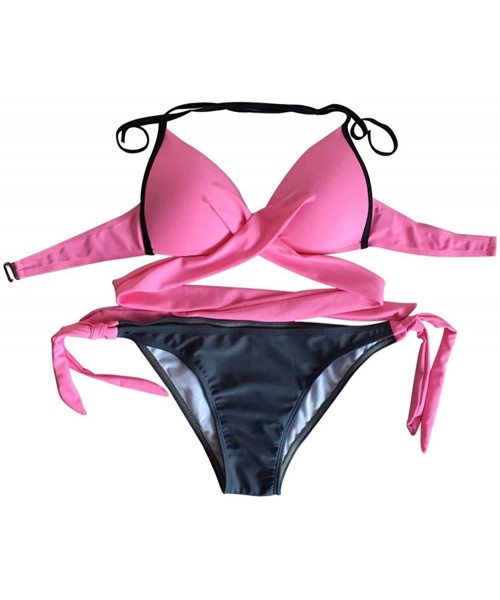 Sets Women's Sexy Padded Push Up Bikini Set Halter Racerback Bathing Suits Two Pieces Swimsuit Swimwear - Pink - CS1968LH895