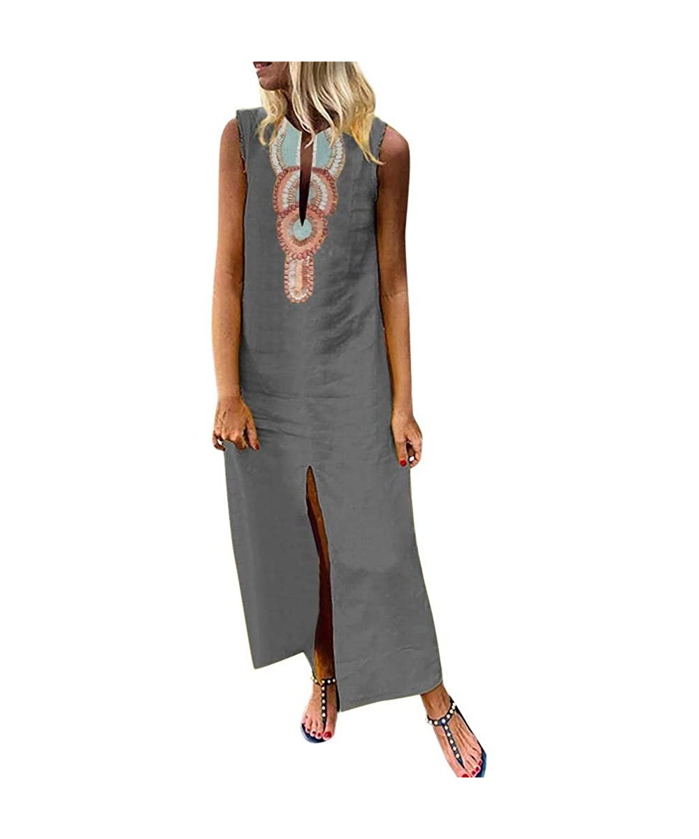 One-Pieces Women Sleeveless V-Neck Printed Maxi Dress Vestido Split Hem Baggy Kaftan Long Dress - C-grey - CS18SC2AD8I