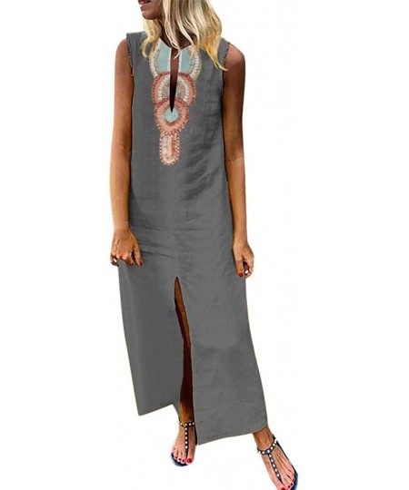 One-Pieces Women Sleeveless V-Neck Printed Maxi Dress Vestido Split Hem Baggy Kaftan Long Dress - C-grey - CS18SC2AD8I