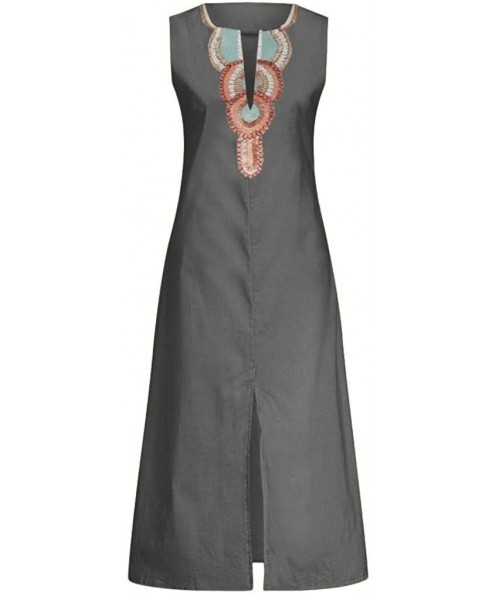 One-Pieces Women Sleeveless V-Neck Printed Maxi Dress Vestido Split Hem Baggy Kaftan Long Dress - C-grey - CS18SC2AD8I