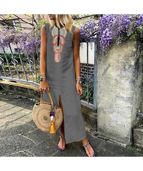 One-Pieces Women Sleeveless V-Neck Printed Maxi Dress Vestido Split Hem Baggy Kaftan Long Dress - C-grey - CS18SC2AD8I