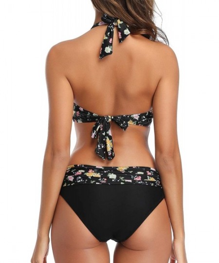 Sets Women Two Pieces High Waisted Ruffle Bikini One Shoulder Print Flounce Swimwear - Floral - CX18XQT3NM6