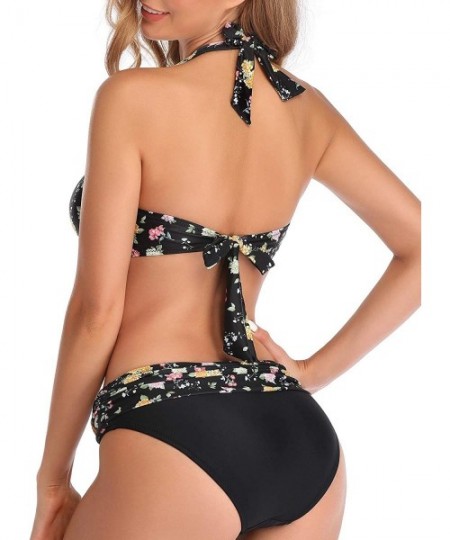 Sets Women Two Pieces High Waisted Ruffle Bikini One Shoulder Print Flounce Swimwear - Floral - CX18XQT3NM6