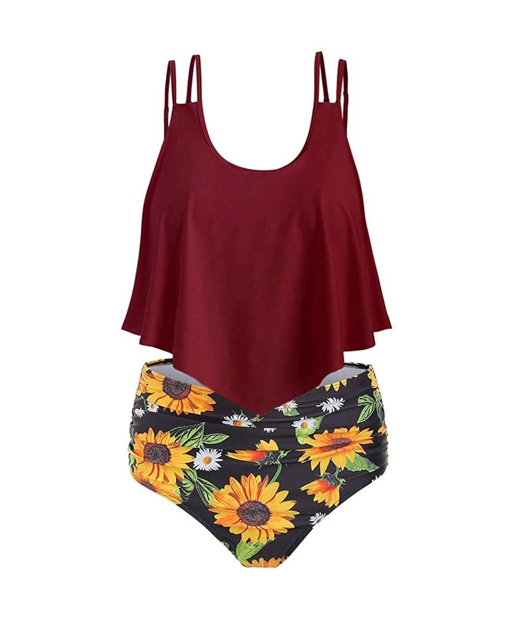 Sets Swimsuits for Women Sunflower Print Two Pieces Bathing Suits Ruffled Racerback Top with High Waisted Bottom D1 wine Red ...