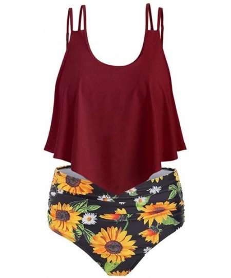 Sets Swimsuits for Women Sunflower Print Two Pieces Bathing Suits Ruffled Racerback Top with High Waisted Bottom D1 wine Red ...