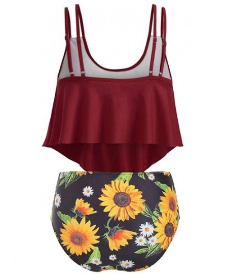 Sets Swimsuits for Women Sunflower Print Two Pieces Bathing Suits Ruffled Racerback Top with High Waisted Bottom D1 wine Red ...