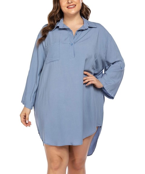 Cover-Ups Women Plus Size Summer Cover Up Shirt Beach Cover up Swimsuit Beachwear Bathing Suit Beach Dress(18W-26W) - Blue - ...