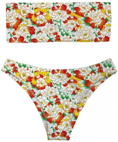 Sets Women Fashion Printed Bandeau Bikini Set Strapless High Cut Swimsuit - Flower 4 - C418OL06HU6