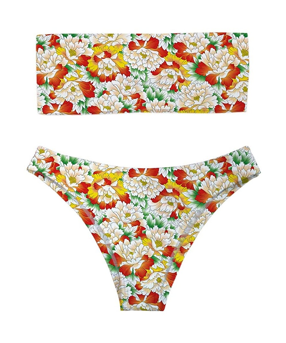 Sets Women Fashion Printed Bandeau Bikini Set Strapless High Cut Swimsuit - Flower 4 - C418OL06HU6