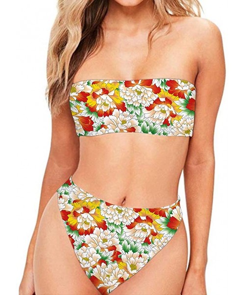 Sets Women Fashion Printed Bandeau Bikini Set Strapless High Cut Swimsuit - Flower 4 - C418OL06HU6