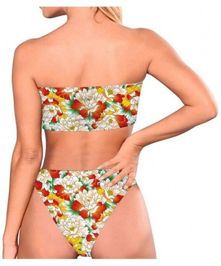 Sets Women Fashion Printed Bandeau Bikini Set Strapless High Cut Swimsuit - Flower 4 - C418OL06HU6