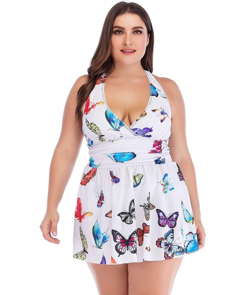 Tankinis Women's Plus Size Butterfly Halter Strappy Tankini Swimdress Swimsuit - White - C81935AW8RN