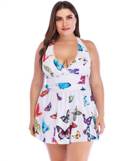 Tankinis Women's Plus Size Butterfly Halter Strappy Tankini Swimdress Swimsuit - White - C81935AW8RN