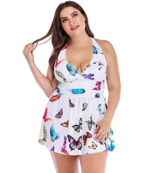 Tankinis Women's Plus Size Butterfly Halter Strappy Tankini Swimdress Swimsuit - White - C81935AW8RN