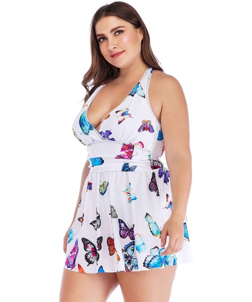 Tankinis Women's Plus Size Butterfly Halter Strappy Tankini Swimdress Swimsuit - White - C81935AW8RN