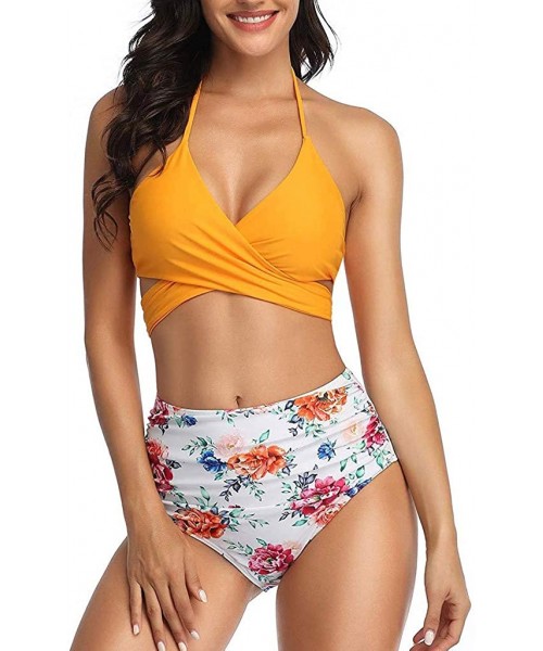 Tankinis Womens Bathing Suits Floral Printing Swim Bottoms Padded Halter Bandage Bikini Two Piece Swimsuits - C-yellow - CY19...