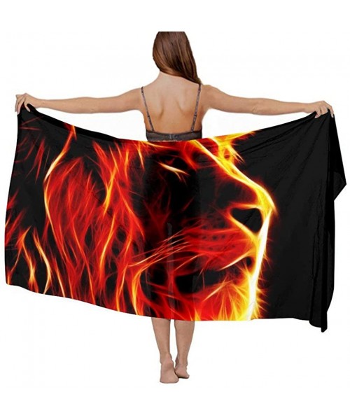 Cover-Ups Women Luxury Chiffon Swimwear Cover Up- Oversize Beach Sarong Shawl Wrap - Angry Flaming Fire Lion King Black - C71...