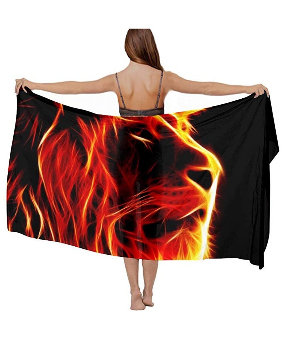 Cover-Ups Women Luxury Chiffon Swimwear Cover Up- Oversize Beach Sarong Shawl Wrap - Angry Flaming Fire Lion King Black - C71...