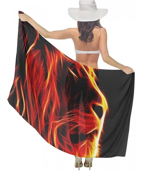 Cover-Ups Women Luxury Chiffon Swimwear Cover Up- Oversize Beach Sarong Shawl Wrap - Angry Flaming Fire Lion King Black - C71...