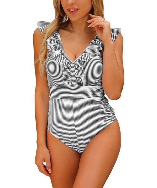 One-Pieces Women's Striped Ruffle One Piece Swimsuit V Neck High Rise Bathing Suit Swimswear - Black Stripe - C0190U2I3T5