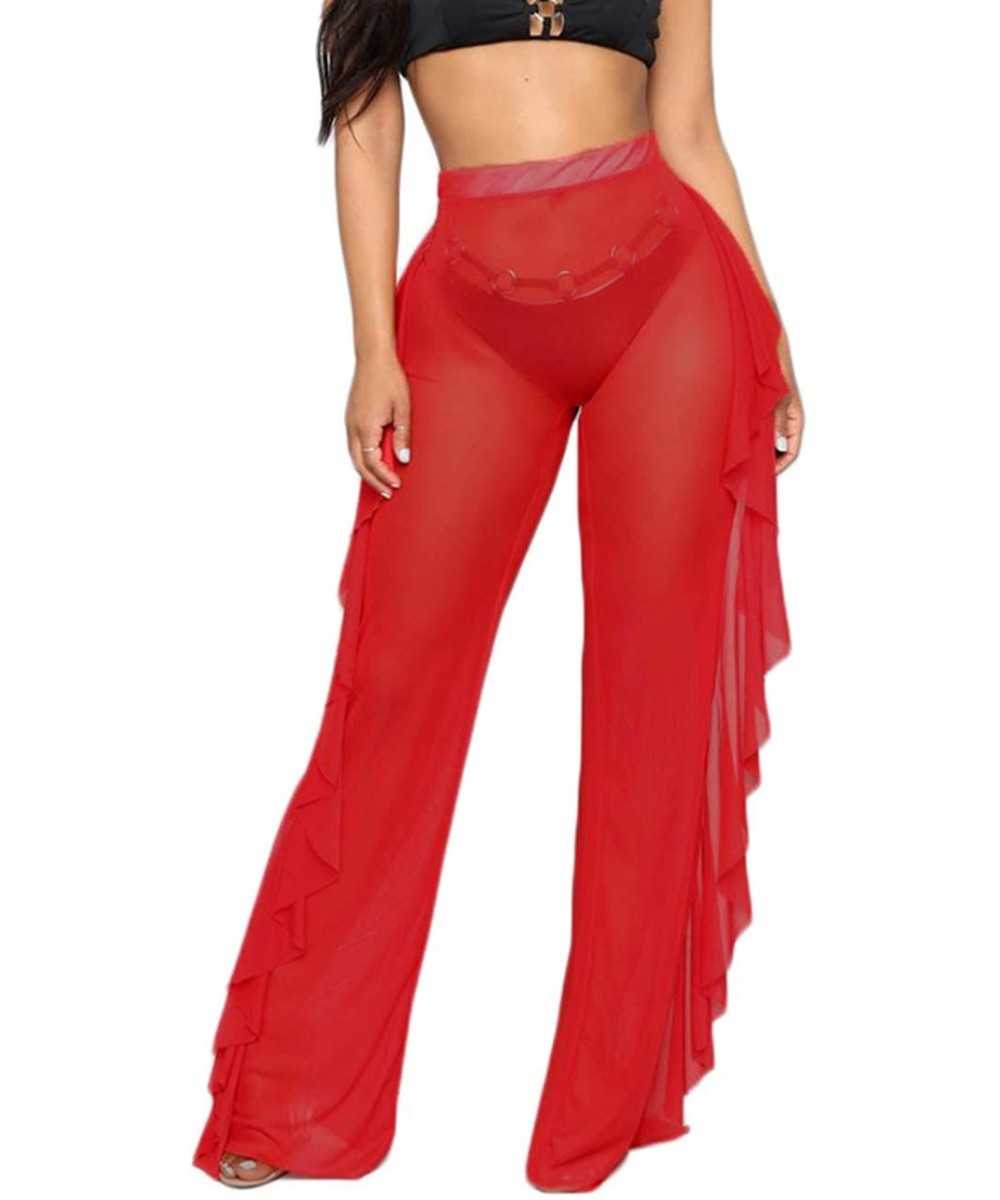 Tankinis Women Sexy Perspective Mesh Sheer Swim Shorts Pants Bikini Bottom Cover up Ruffle Clubwear Pants - Red - CT18RK70EDC