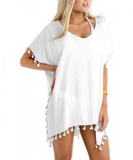 Cover-Ups Women Chiffon Tassel Swimsuit Bikini Stylish Beach Cover up - White - CV1928GO3TM