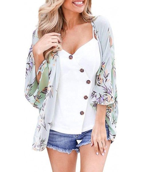 Cover-Ups Womens Kimono Cardigan- Floral Printed Boho Chiffon Short Tops Blouse - 5 Green - CJ18TS0U0LL