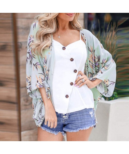 Cover-Ups Womens Kimono Cardigan- Floral Printed Boho Chiffon Short Tops Blouse - 5 Green - CJ18TS0U0LL