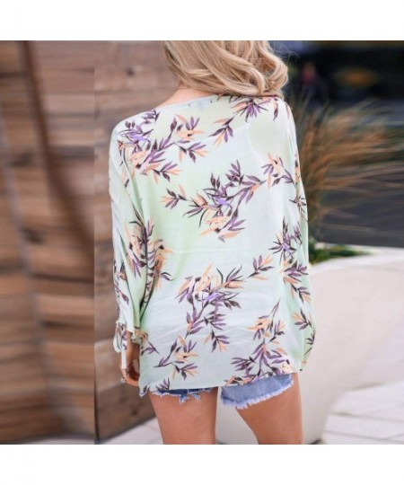 Cover-Ups Womens Kimono Cardigan- Floral Printed Boho Chiffon Short Tops Blouse - 5 Green - CJ18TS0U0LL