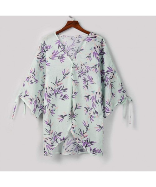 Cover-Ups Womens Kimono Cardigan- Floral Printed Boho Chiffon Short Tops Blouse - 5 Green - CJ18TS0U0LL