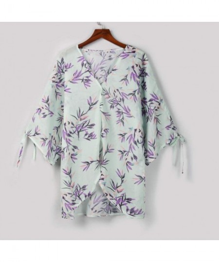 Cover-Ups Womens Kimono Cardigan- Floral Printed Boho Chiffon Short Tops Blouse - 5 Green - CJ18TS0U0LL