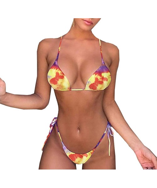 Sets Sexy Bikini Two Piece Low Rise Thong Swimsuits Floral Flounce Tops Bathing Suits for Women - Yellow986 - C819C9CSKT2