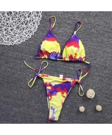 Sets Sexy Bikini Two Piece Low Rise Thong Swimsuits Floral Flounce Tops Bathing Suits for Women - Yellow986 - C819C9CSKT2