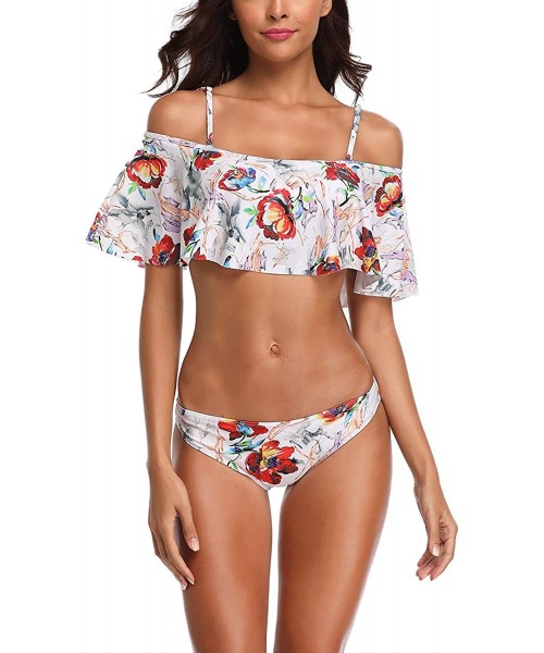 Sets Women's Swimsuit Two Piece Off Shoulder Flounce Bathing Suit Leaf Printed Tankini Set Ladies Swimwear Multicoloured - C0...