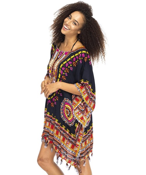 Cover-Ups Womens Short Swimsuit Beach Cover Up Sequins African Patterns - Black - CL17WX0RDUK