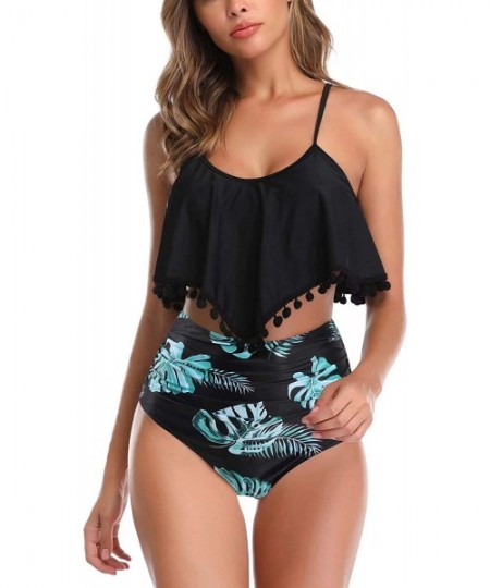 Sets High Waisted Swimsuit Flounce Swimwear Ruffle Tassel Vintage Two Piece Bikini - Black Top Green Leaves Bottom - CO19D6K403Z