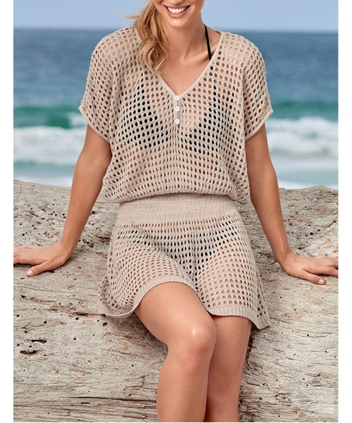 Cover-Ups Women Casual Bikini Swimsuit Cover Up Blouses Beach Tunic Dress One Size - Hollow Out Apricot - CK18RRSEH3D